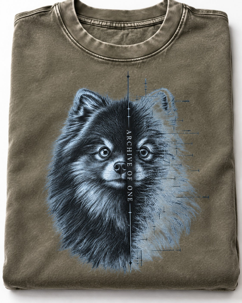 Pomeranian Archive of One Split Portrait Graphic Washed Tee in Army Green, close-up of the graphic