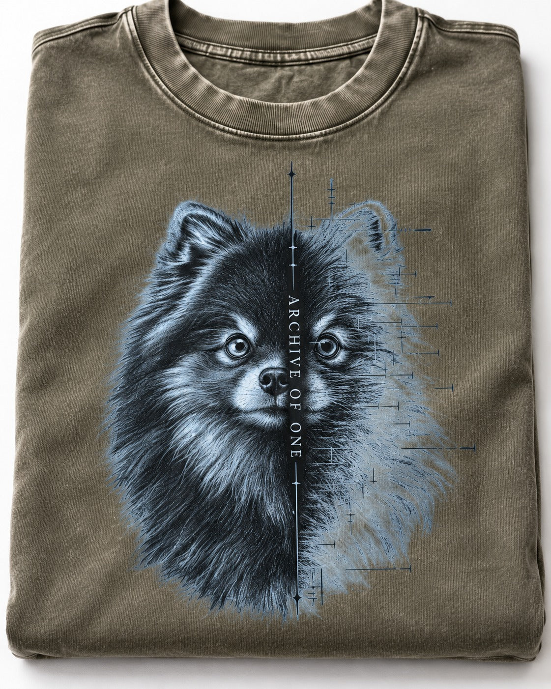 Pomeranian Archive of One Split Portrait Graphic Washed Tee in Army Green, close-up of the graphic