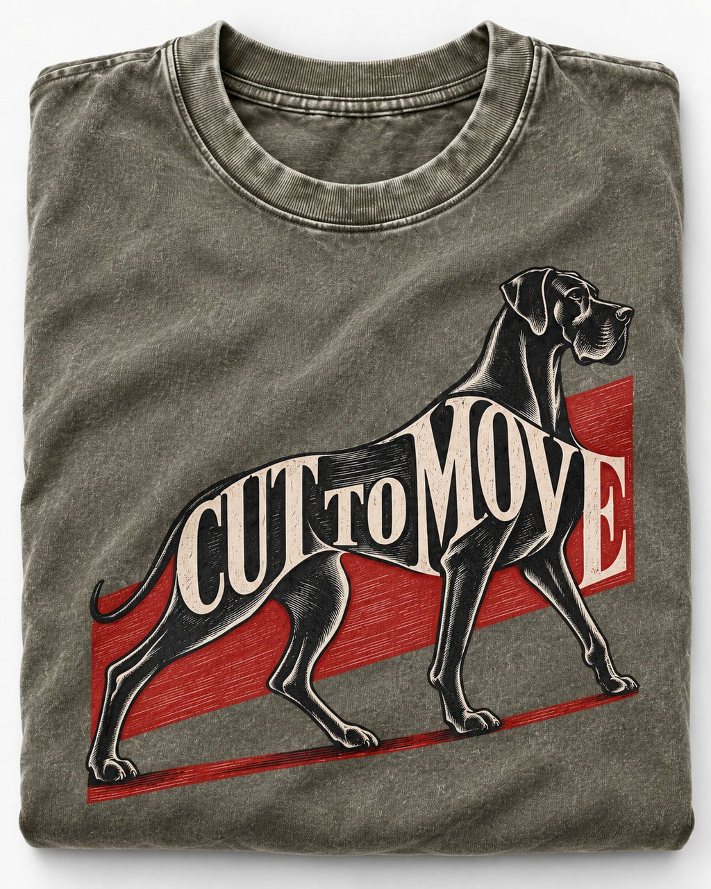 Great Dane Cut to Move Walking Typography Graphic Washed Tee in Army Green, close-up of the graphic