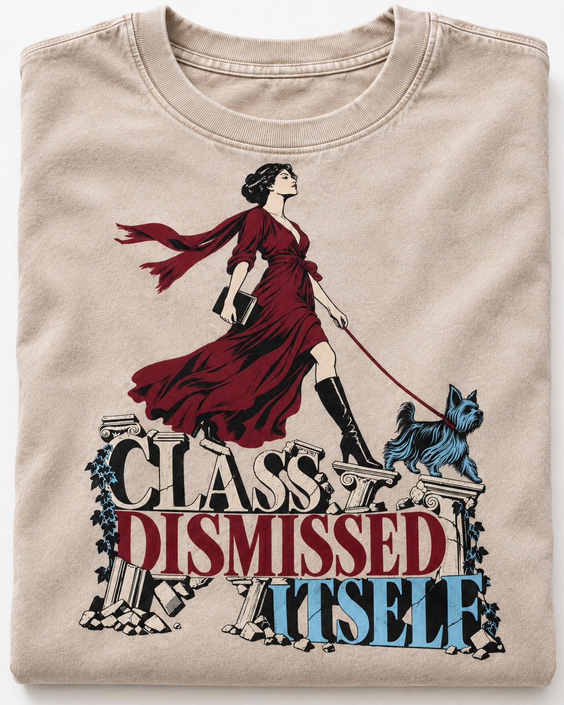 Class Dismissed Itself Yorkshire Terrier Washed Tee in Apricot, close-up of the graphic