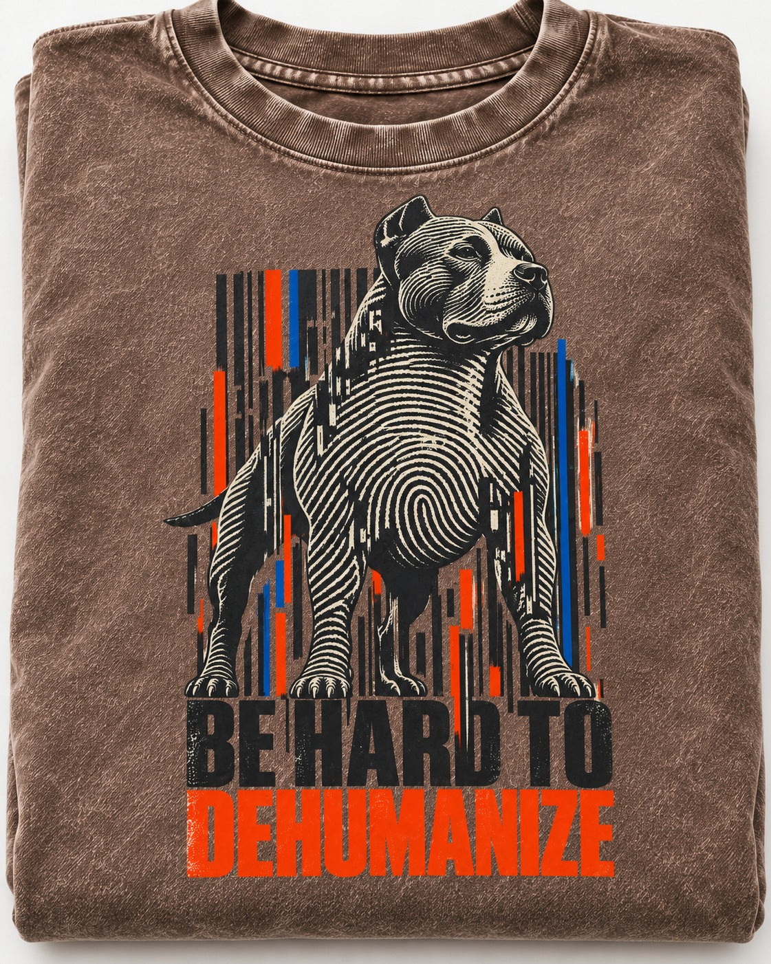 Pitbull Hard to Dehumanize Washed Tee in Coffee, close-up of the graphic
