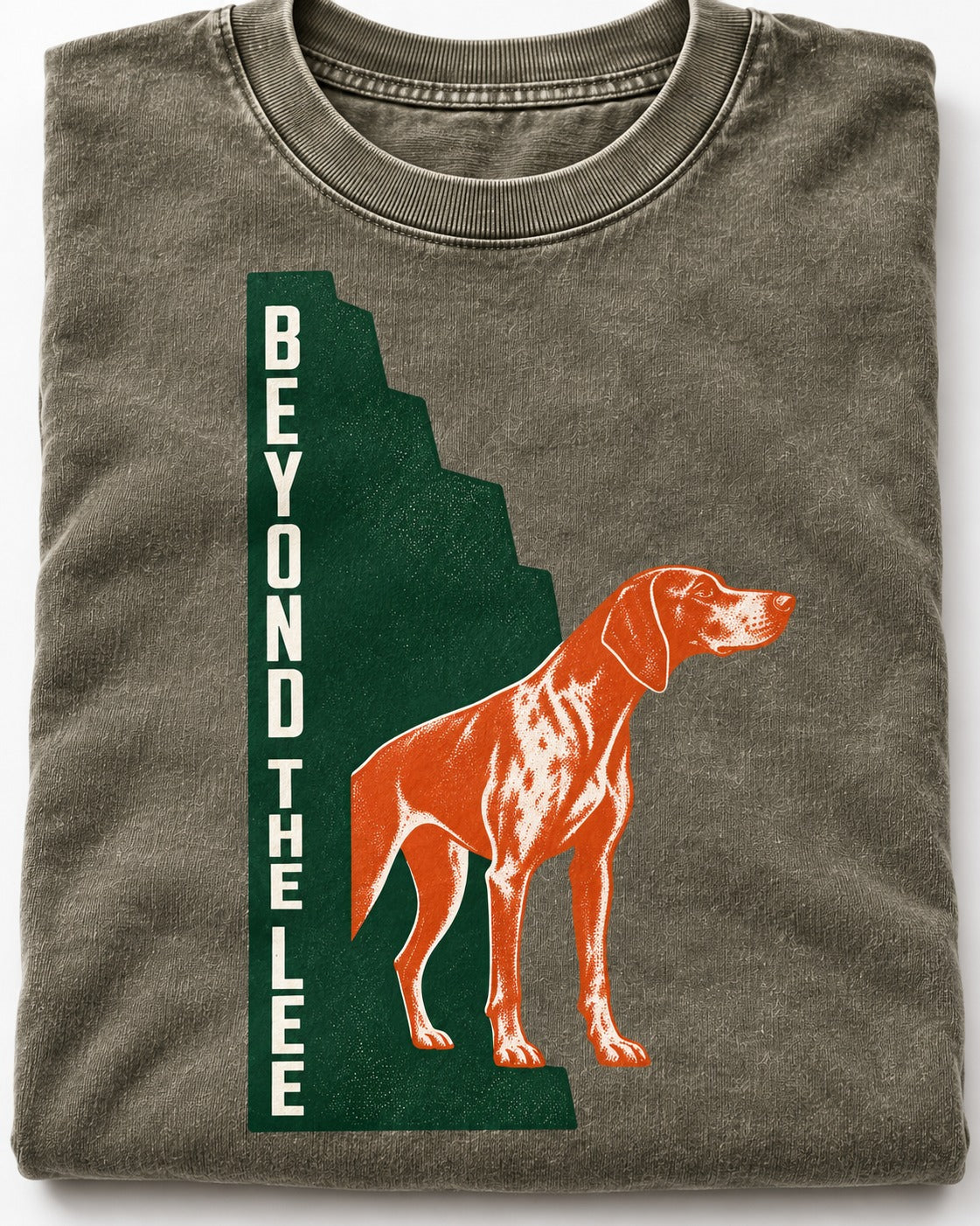 German Shorthaired Pointer Beyond the Lee Monument Graphic Washed Tee in Army Green, close-up of the graphic