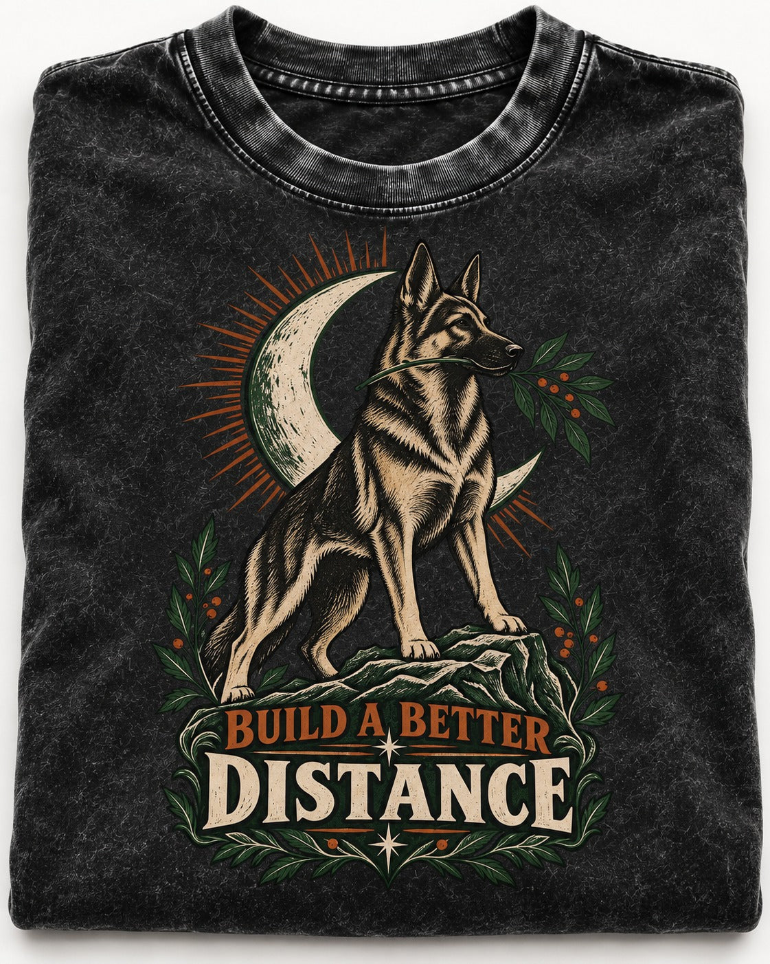 Build A Better Distance Moon Woodcut German Shepherd Dog Graphic Washed Tee in Black, close-up of the graphic