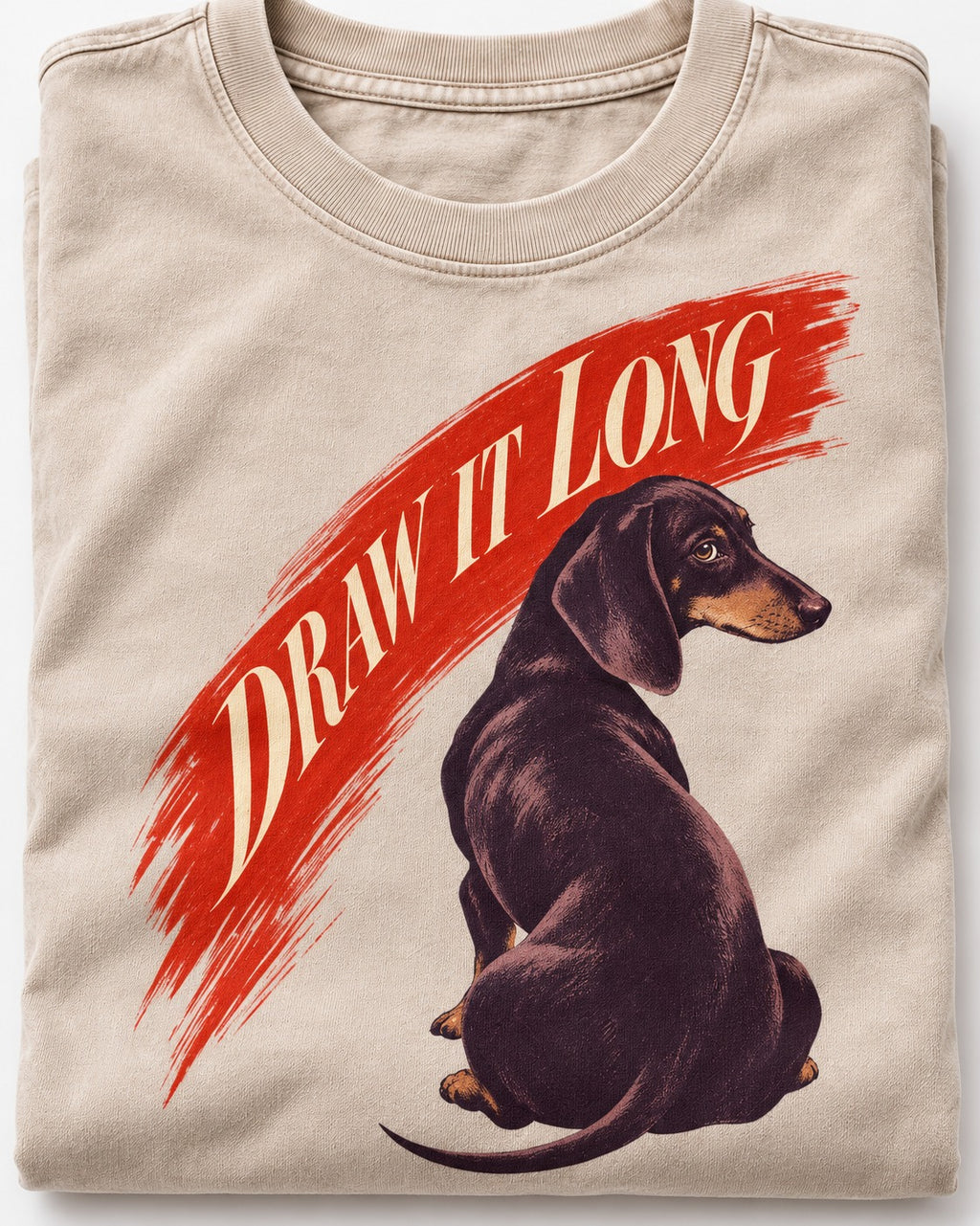 Draw It Long Dachshund Washed Tee in Apricot, close-up of the graphic