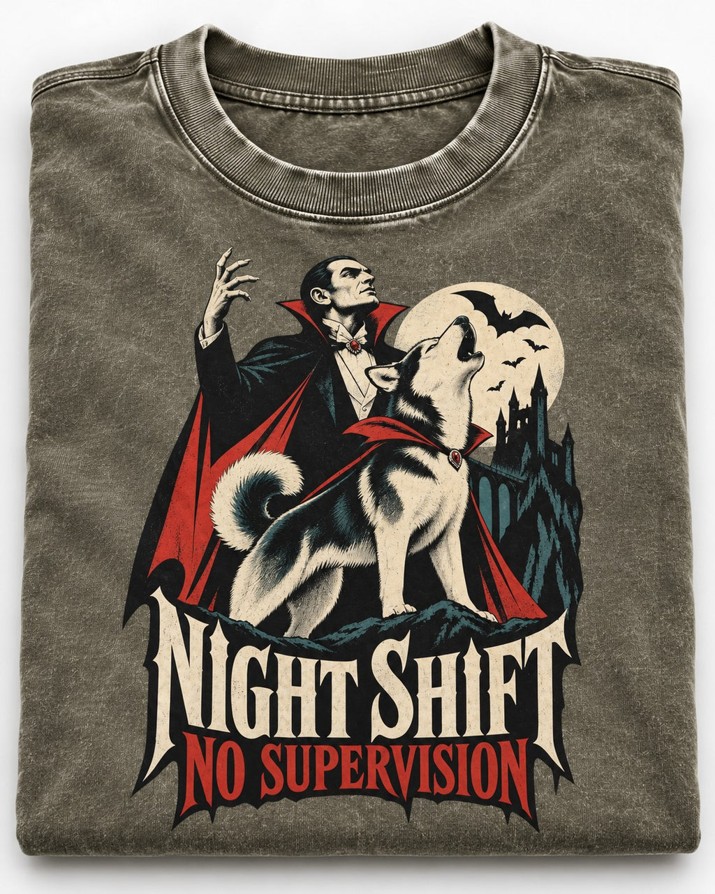 Husky Night Shift No Supervision Vampire Graphic Washed Tee in Army Green, close-up of the graphic