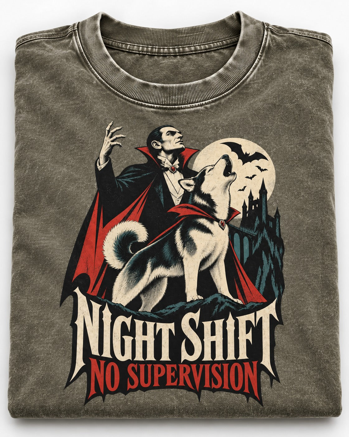 Husky Night Shift No Supervision Vampire Graphic Washed Tee in Army Green, close-up of the graphic