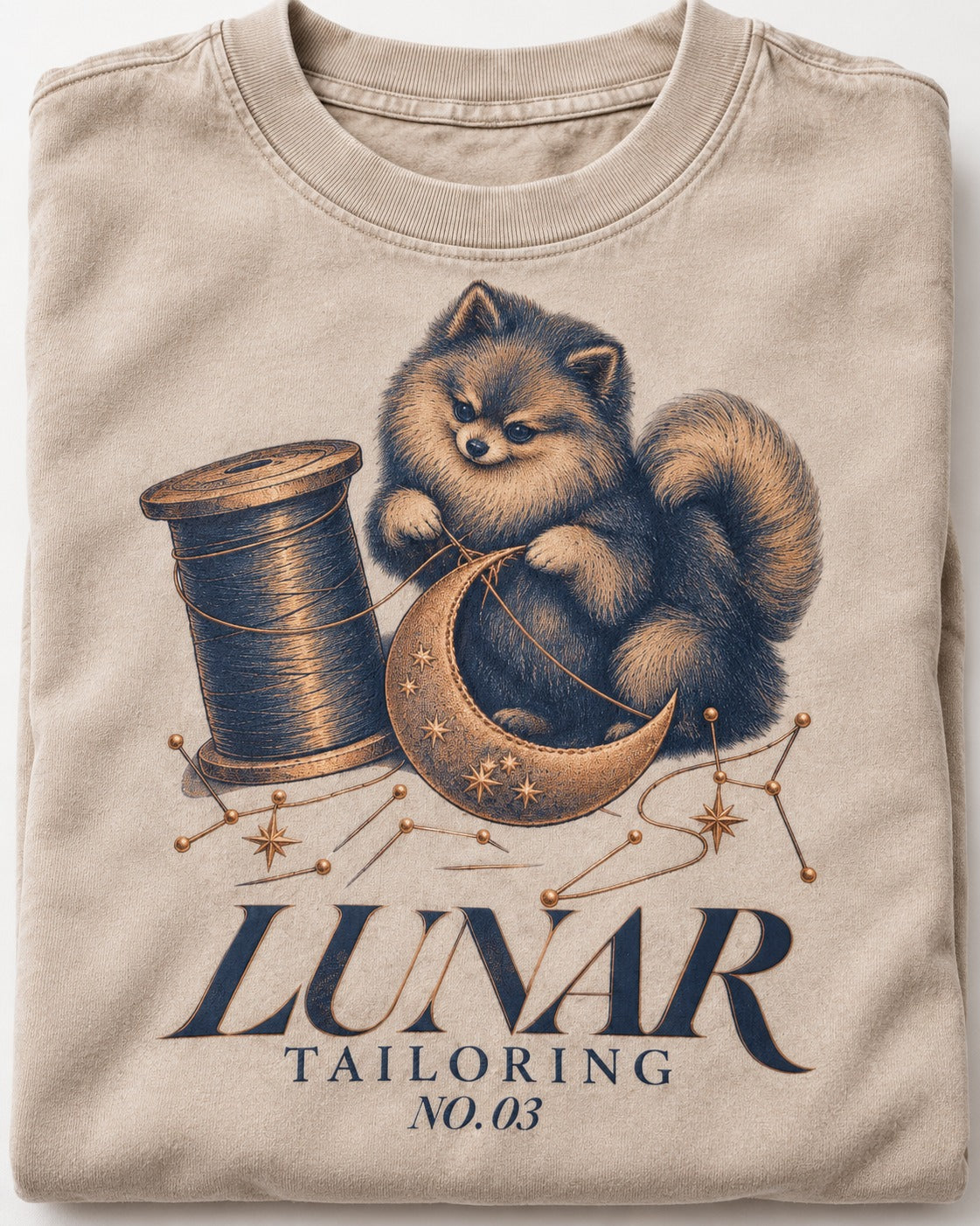Pomeranian's Lunar Tailoring Washed Tee in Apricot, close-up of the graphic