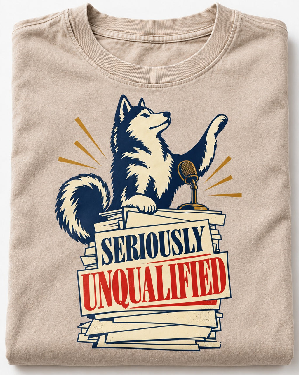 Seriously Unqualified Husky Washed Tee in Apricot, close-up of the graphic