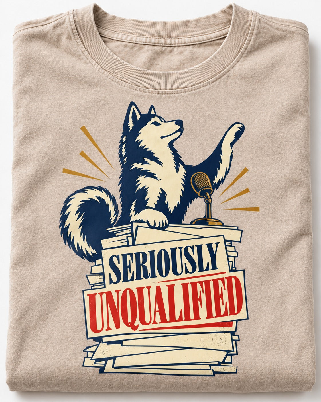 Seriously Unqualified Husky Washed Tee in Apricot, close-up of the graphic