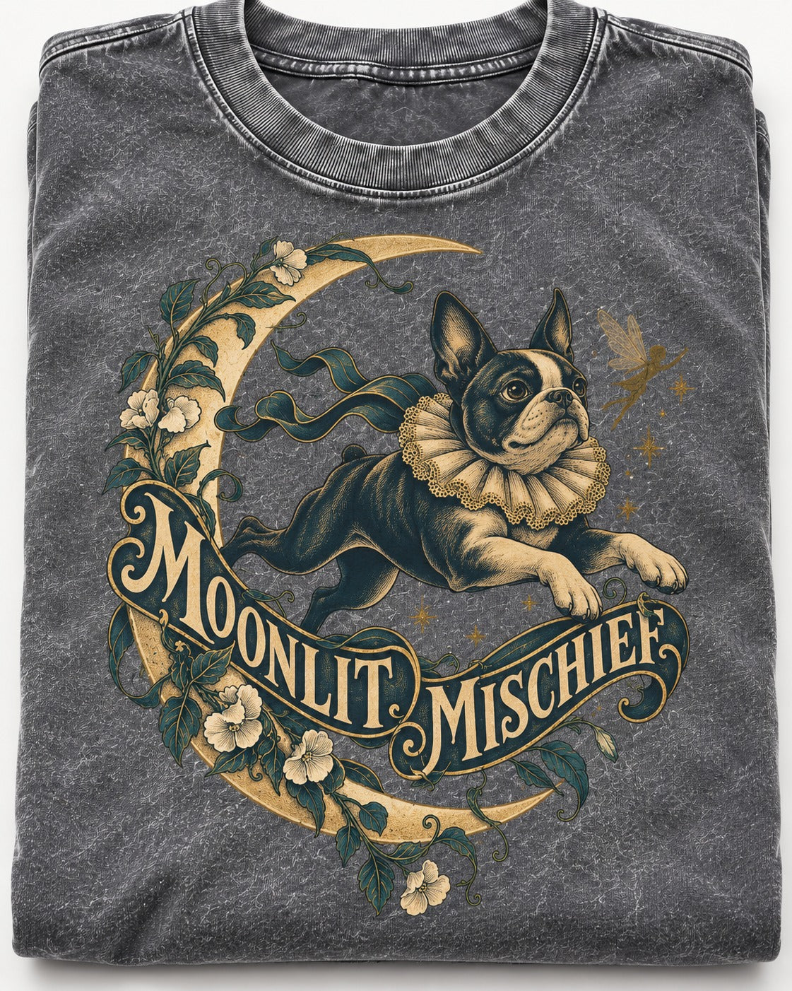 Boston Terrier Moonlit Mischief Washed Tee in Gray, close-up of the graphic