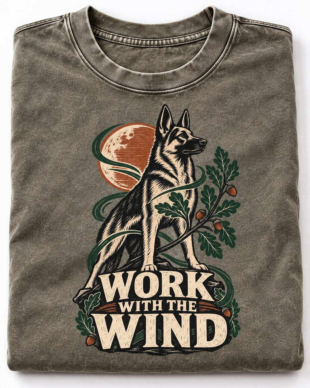 Work With The Wind Botanical Woodcut German Shepherd Dog Graphic Washed Tee in Army Green, close-up of the graphic
