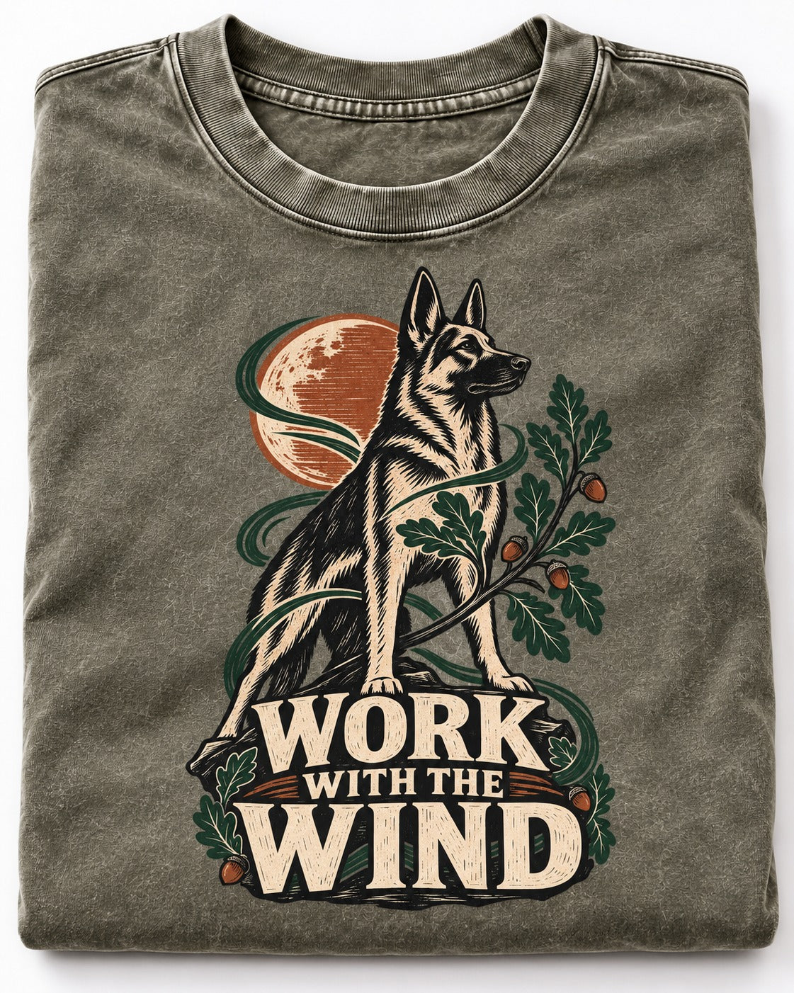 Work With The Wind Botanical Woodcut German Shepherd Dog Graphic Washed Tee in Army Green, close-up of the graphic