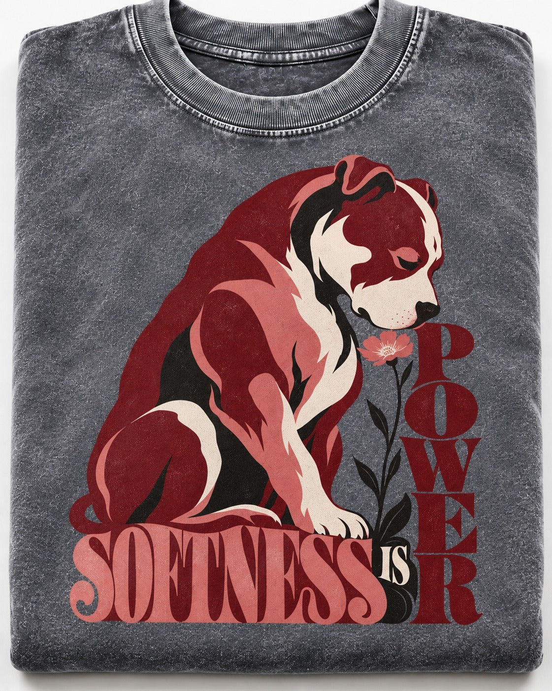 Pitbull Softness Is Power Flower Graphic Washed Tee in Gray, close-up of the graphic
