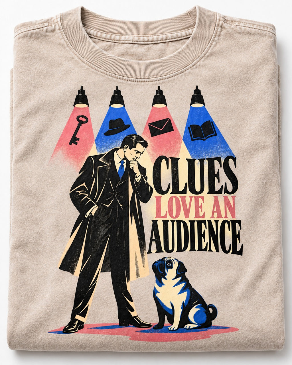 Pug Clues Love an Audience Washed Tee in Apricot, close-up of the graphic