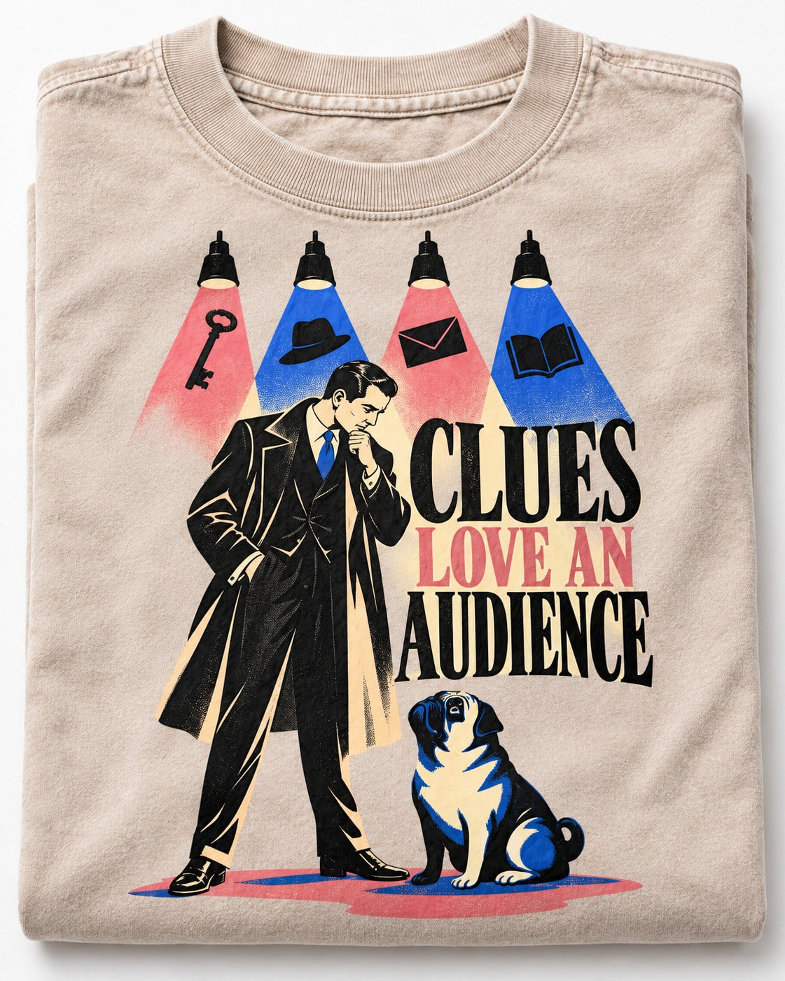 Pug Clues Love an Audience Washed Tee in Apricot, close-up of the graphic