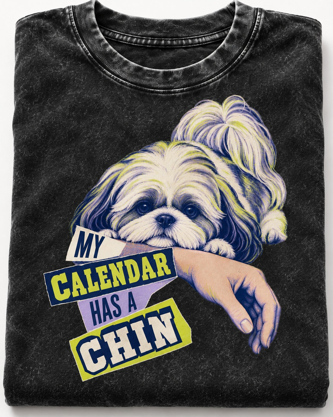 Shih Tzu My Calendar Has a Chin Arm Rest Graphic Washed Tee in Black, close-up of the graphic