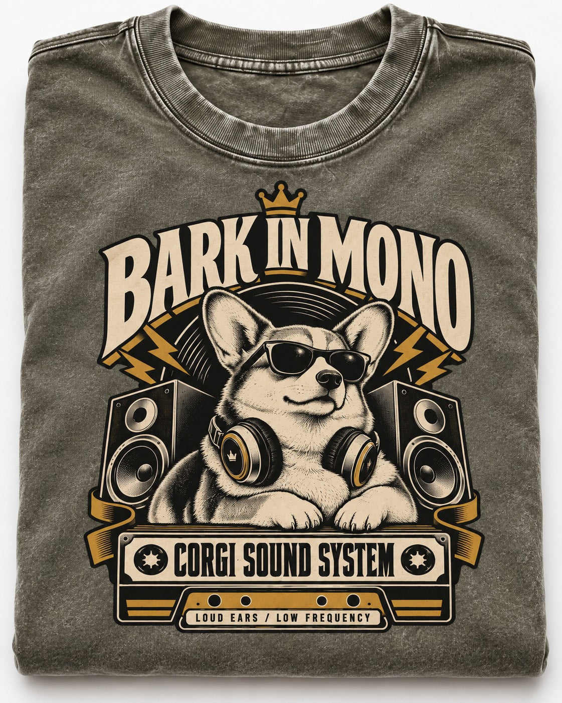 Corgi Bark in Mono Sound System Washed Tee in Army Green, close-up of the graphic