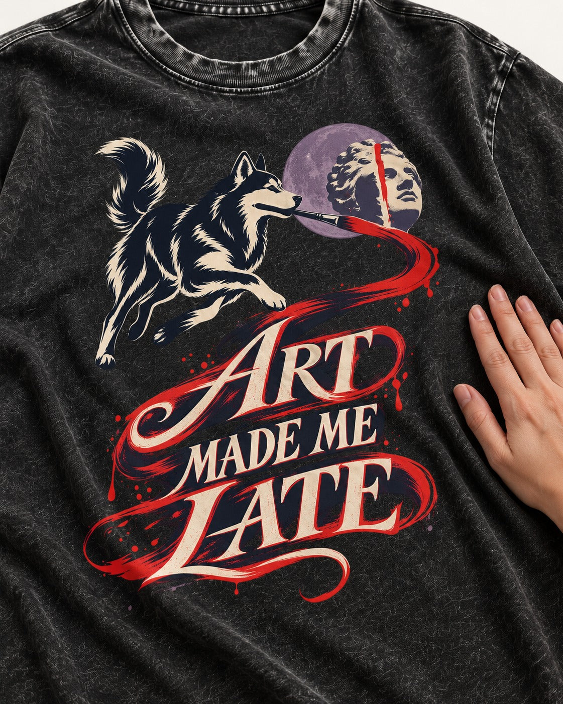 Husky Art Made Me Late Paintbrush Graphic Washed Tee in Black, close-up of the graphic
