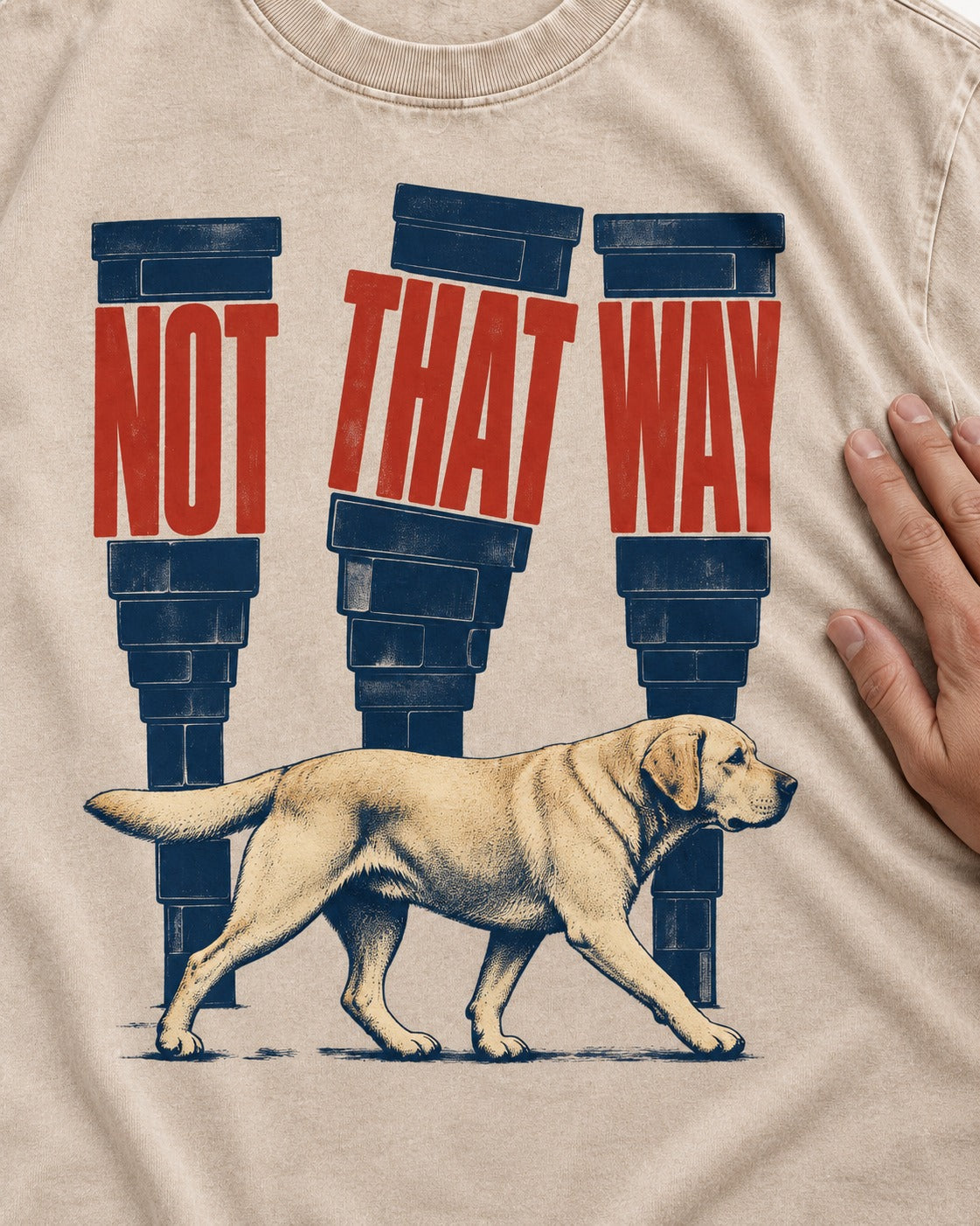 Not That Way Labrador Retriever Washed Tee in Apricot, close-up of the graphic