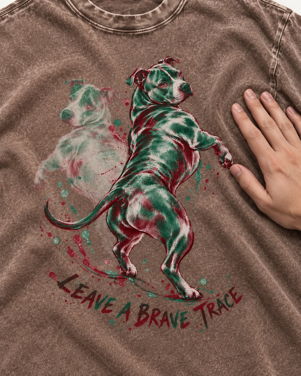 Pitbull's Brave Trace Washed Tee in Coffee, close-up of the graphic