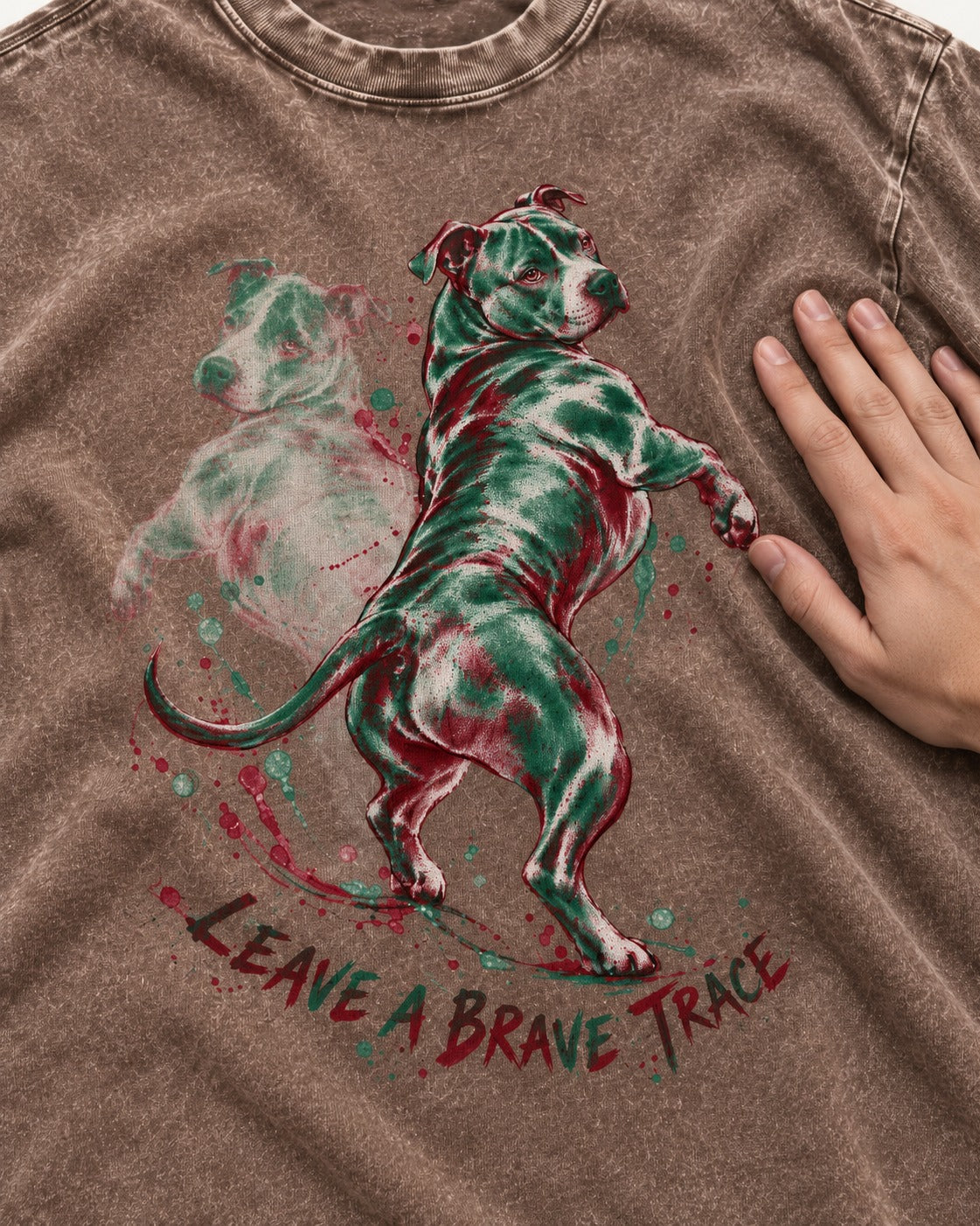 Pitbull's Brave Trace Washed Tee in Coffee, close-up of the graphic