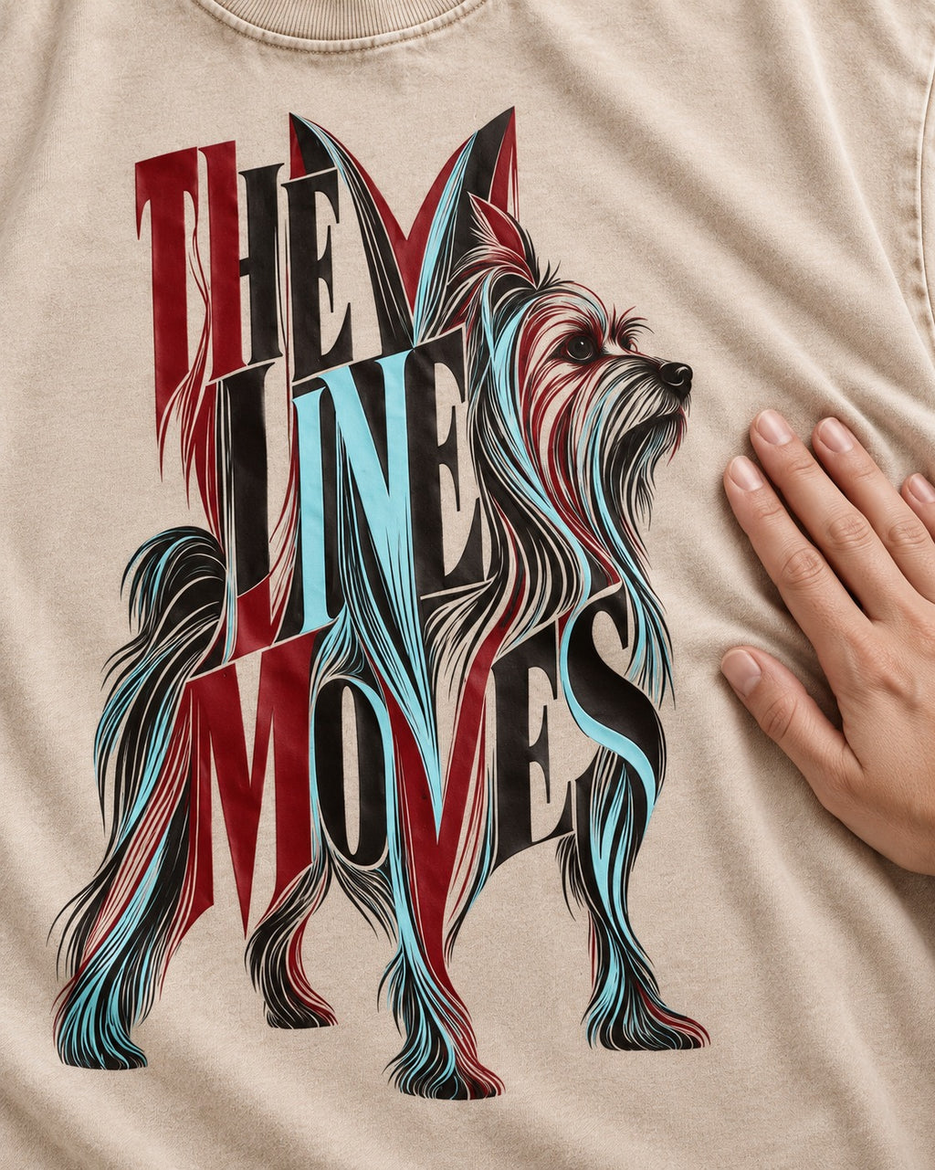 The One Moves Yorkshire Terrier Washed Tee in Apricot, close-up of the graphic