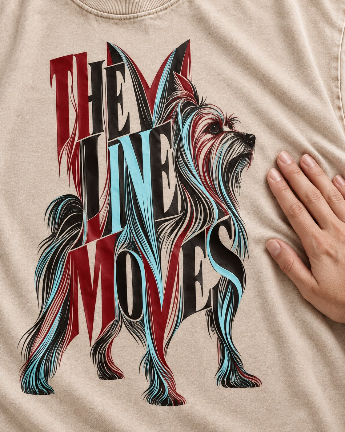 The One Moves Yorkshire Terrier Washed Tee in Apricot, close-up of the graphic