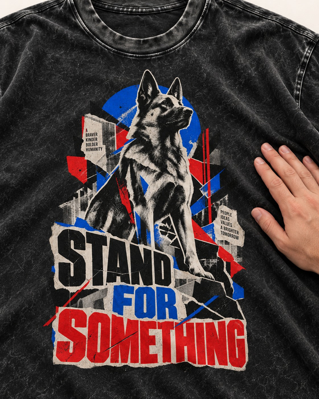 Stand For Something Brutalist Collage German Shepherd Dog Graphic Washed Tee in Black, close-up of the graphic