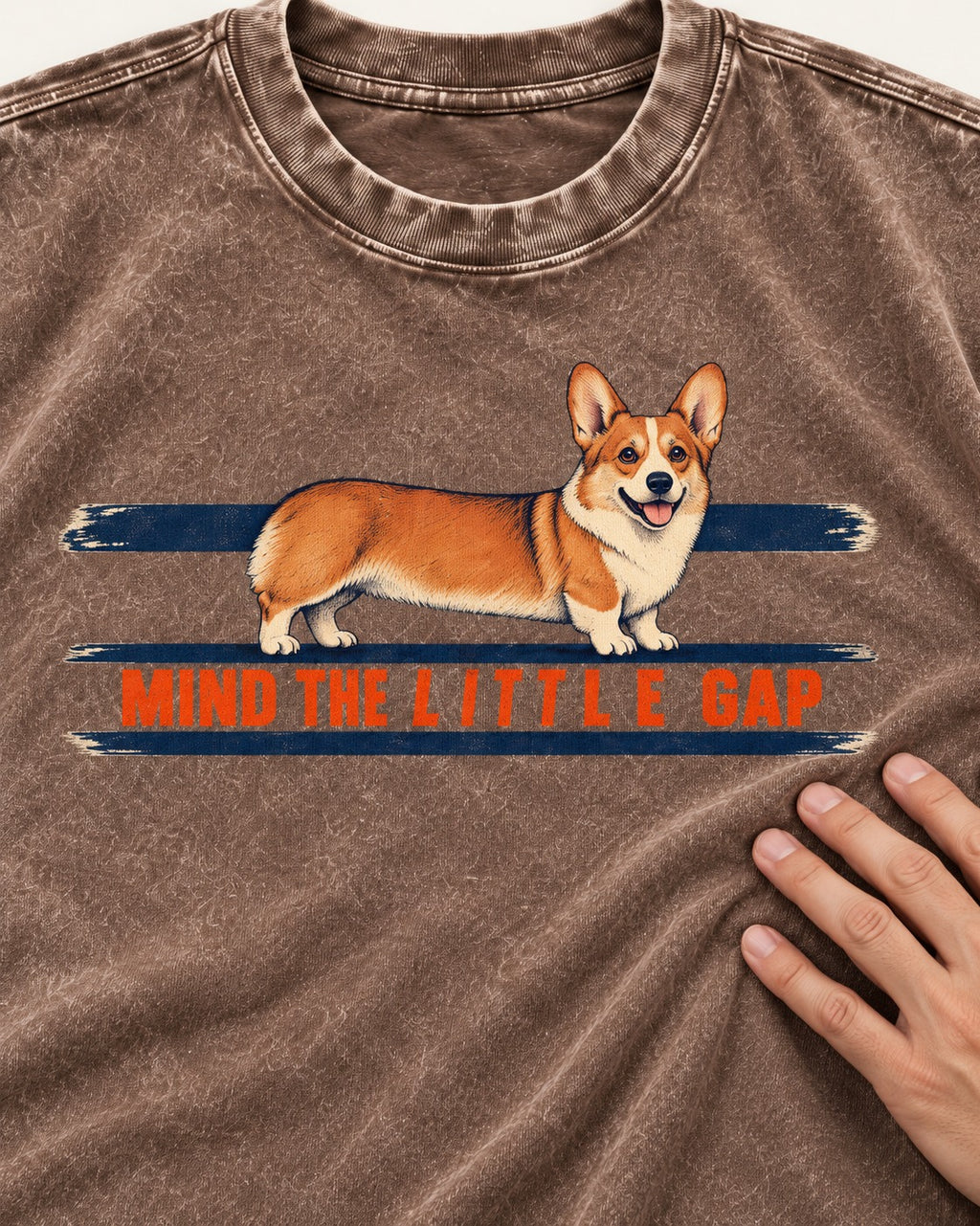 Mind the Little Corgi Gap Washed Tee in Coffee, close-up of the graphic