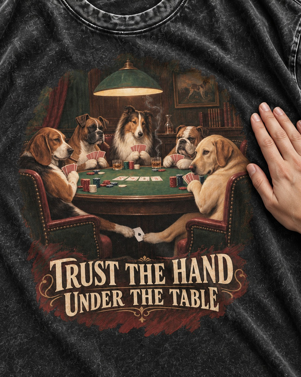 Labrador Retriever Trust the Hand Under the Table Poker Dogs Graphic Washed Tee in Black, close-up of the graphic