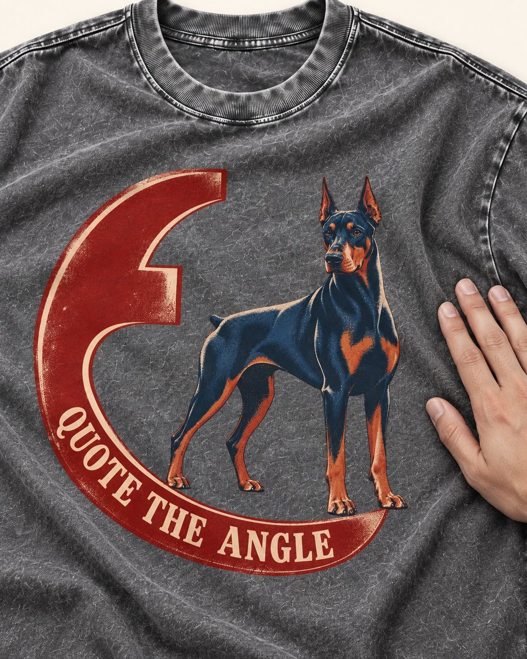 Doberman Quote the Angle Crescent Graphic Washed Tee in Gray, close-up of the graphic