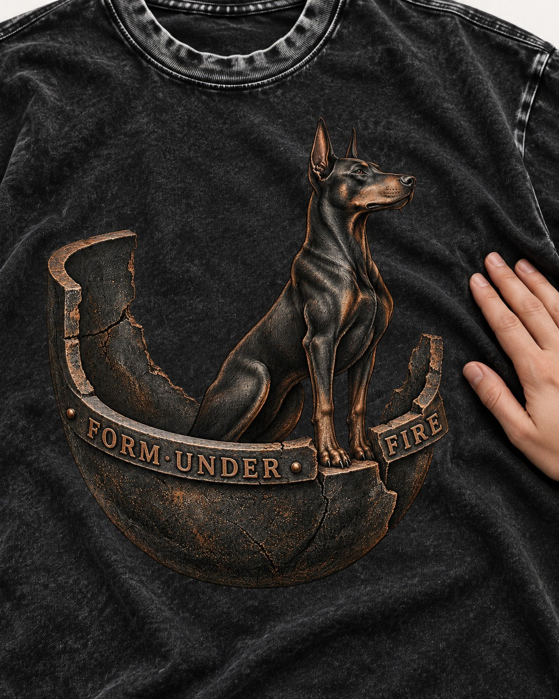 Doberman Form Under Fire Broken Shell Graphic Washed Tee in Black, close-up of the graphic
