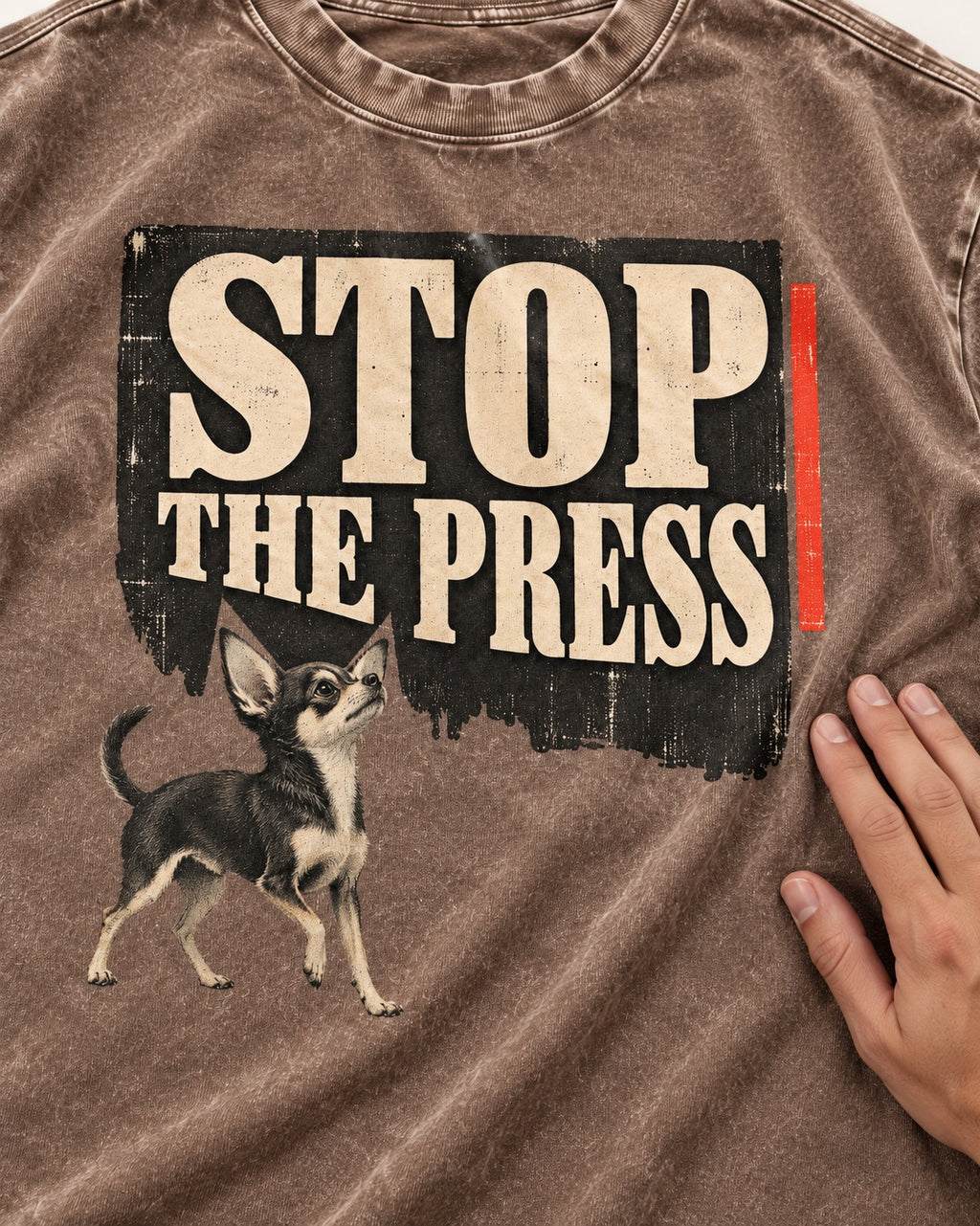 Stop the Press Chihuahua Washed Tee in Coffee, close-up of the graphic