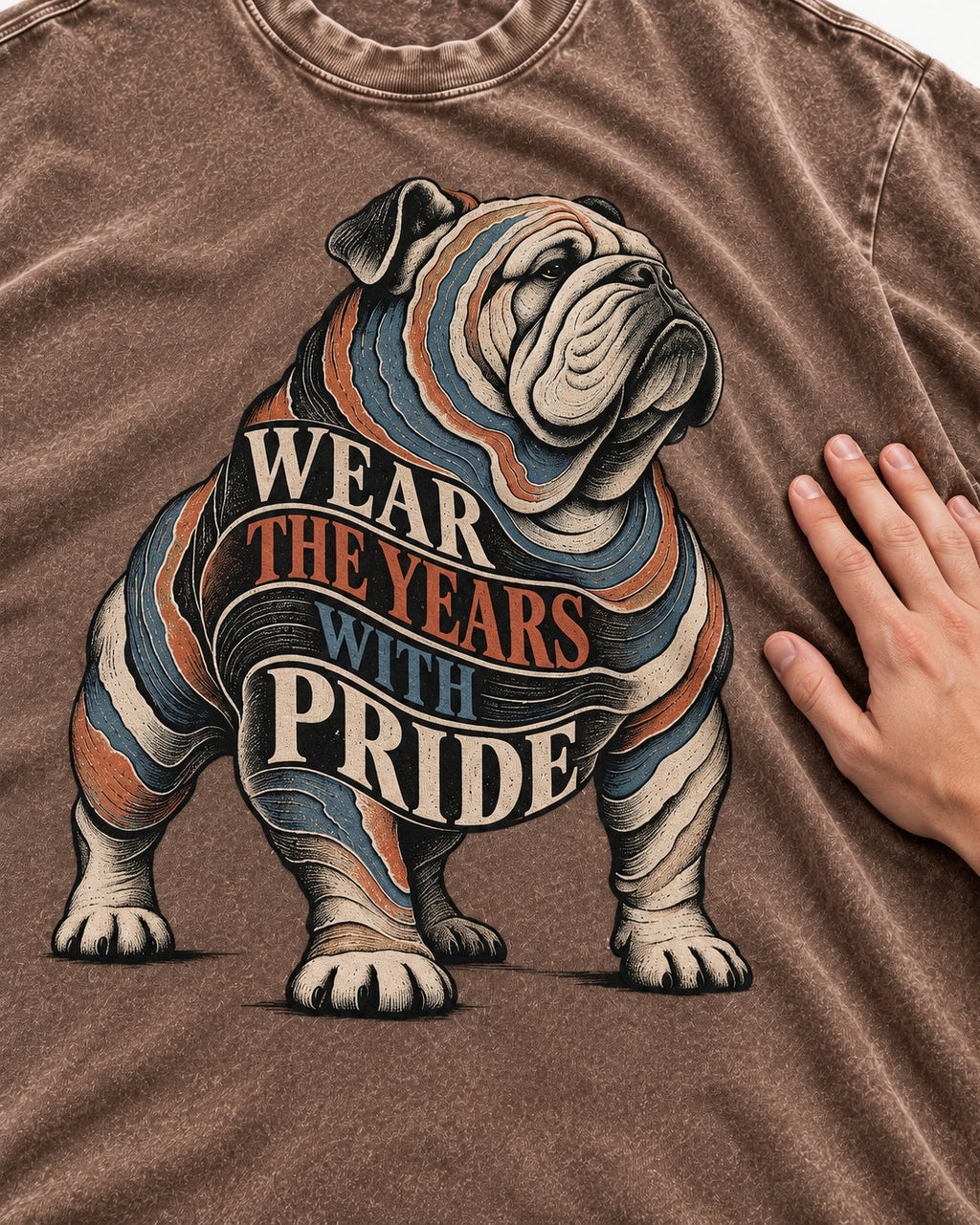 English Bulldog Wear the Years Washed Tee in Coffee, close-up of the graphic
