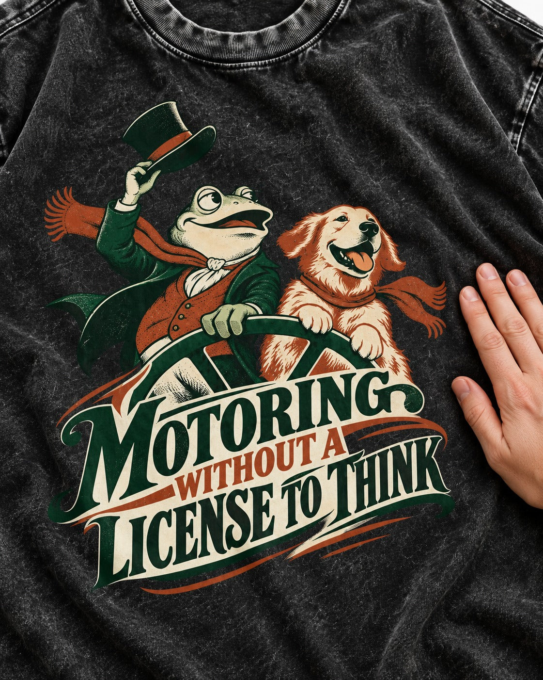Golden Retriever Motoring Without a License to Think Driving Graphic Washed Tee in Black, close-up of the graphic