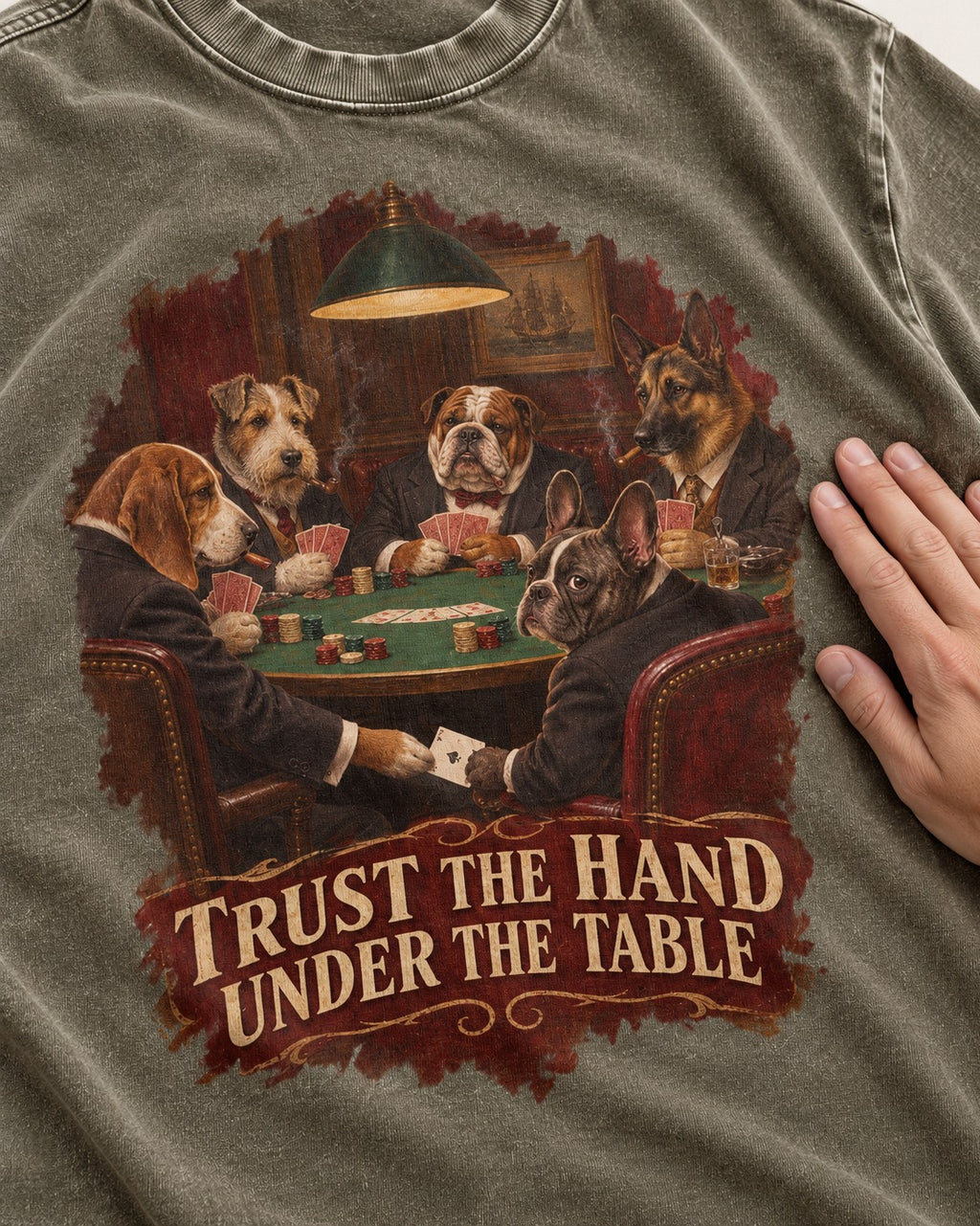 Frenchie Trust the Hand Under the Table Poker Dogs Graphic Washed Tee in Army Green, close-up of the graphic