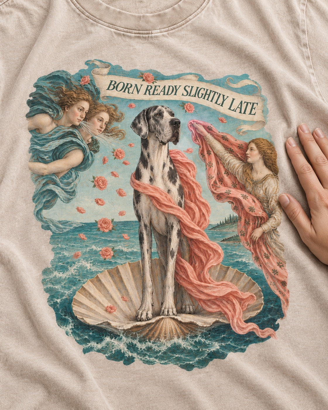Great Dane Born Ready Slightly Late Washed Tee in Apricot, close-up of the graphic