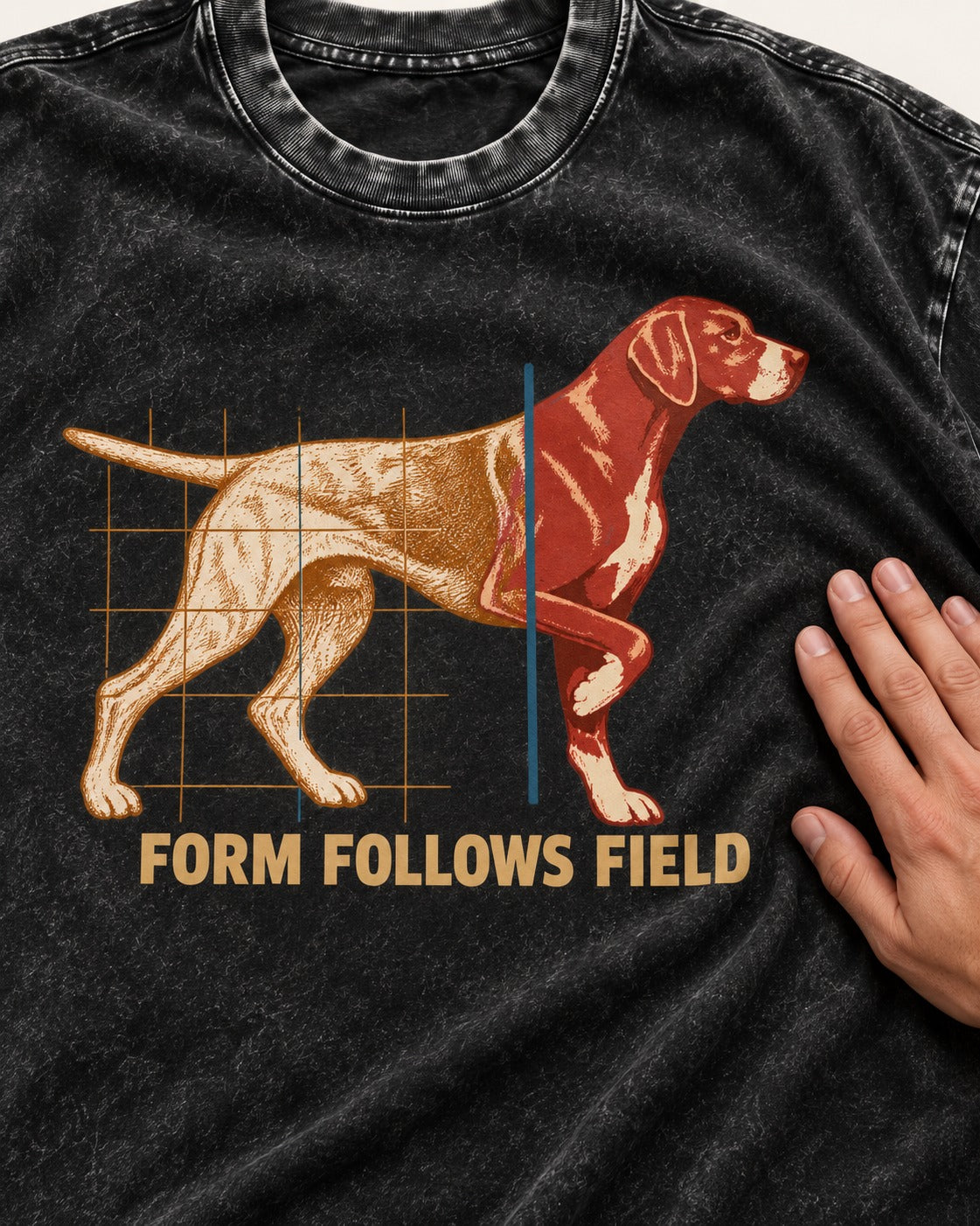 German Shorthaired Pointer Form Follows Field Grid Graphic Washed Tee in Black, close-up of the graphic