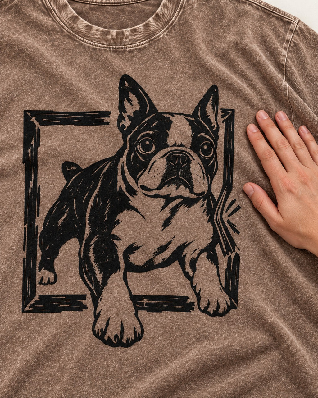 Boston Terrier Unstoppable Washed Tee in Coffee, close-up of the graphic
