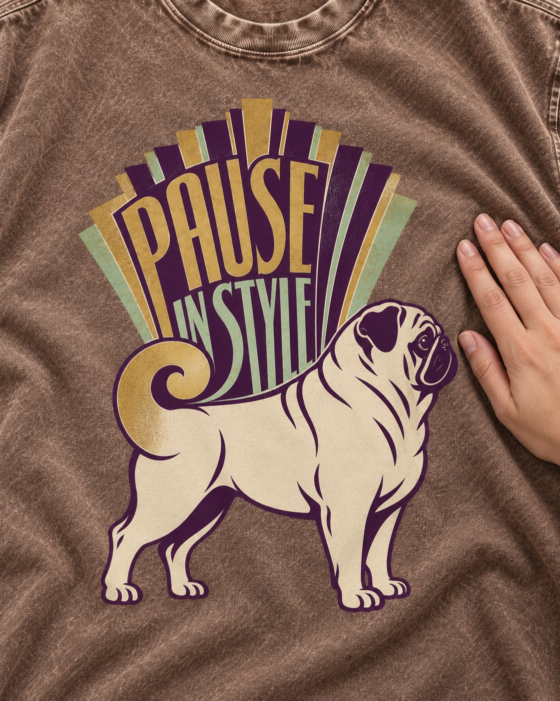 Pug Pause Washed Tee in Coffee, close-up of the graphic