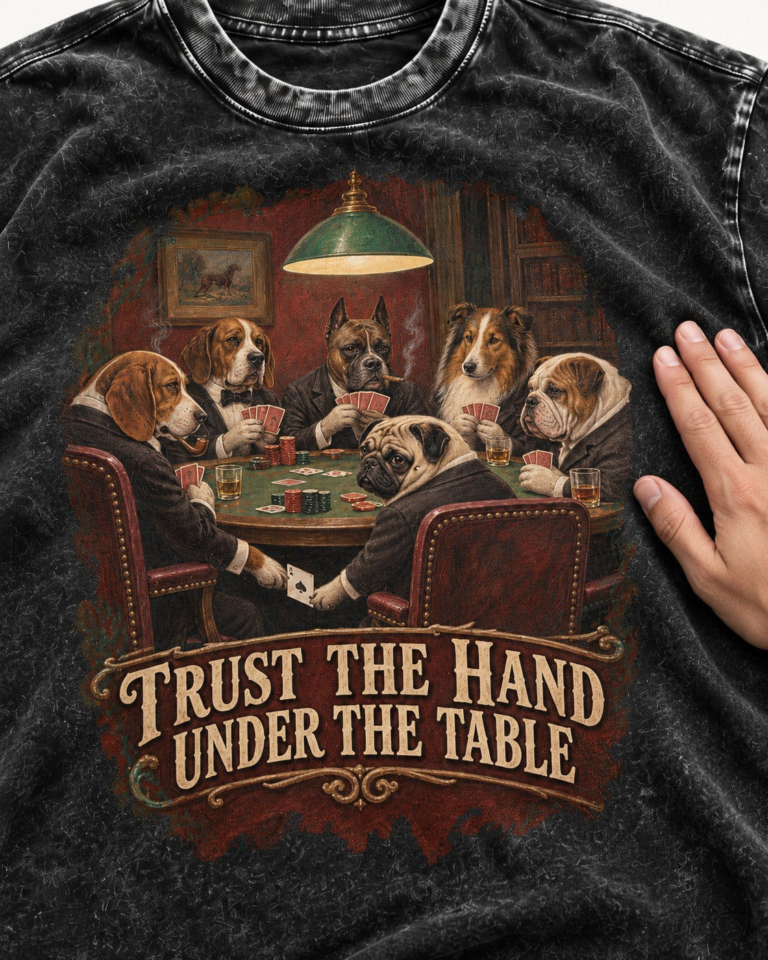 Pug Trust the Hand Under the Table Poker Graphic Washed Tee in Black, close-up of the graphic
