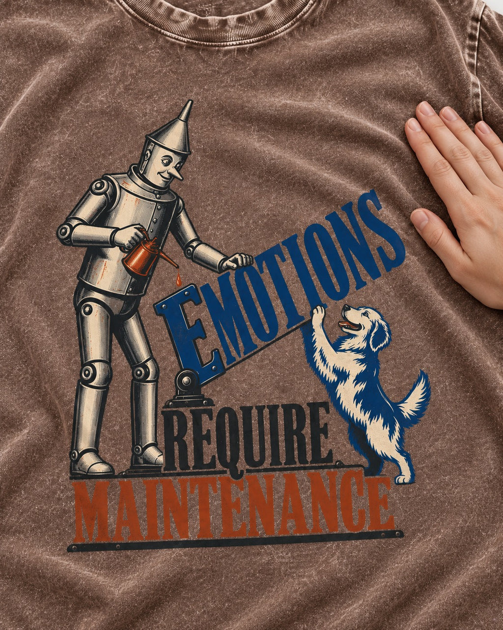 Golden Retriever Emotions Require Maintenance Washed Tee in Coffee, close-up of the graphic