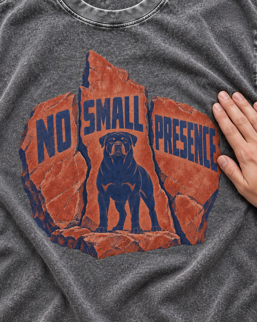 Rottweiler No Small Presence Monument Rock Graphic Washed Tee in Gray, close-up of the graphic