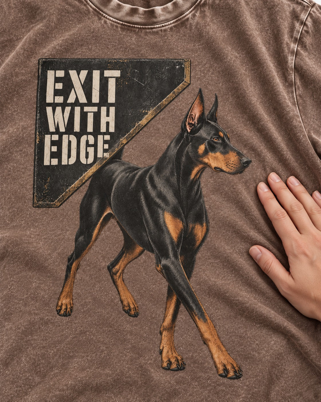Exit with Doberman Edge Washed Tee in Coffee, close-up of the graphic