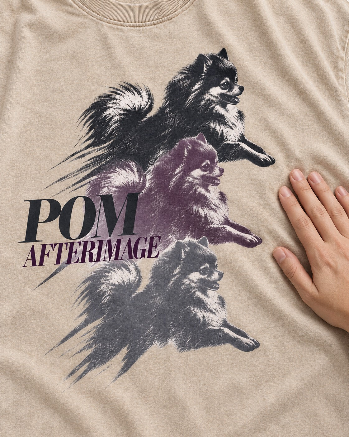 Pomeranian Afterimage Washed Tee in Apricot, close-up of the graphic