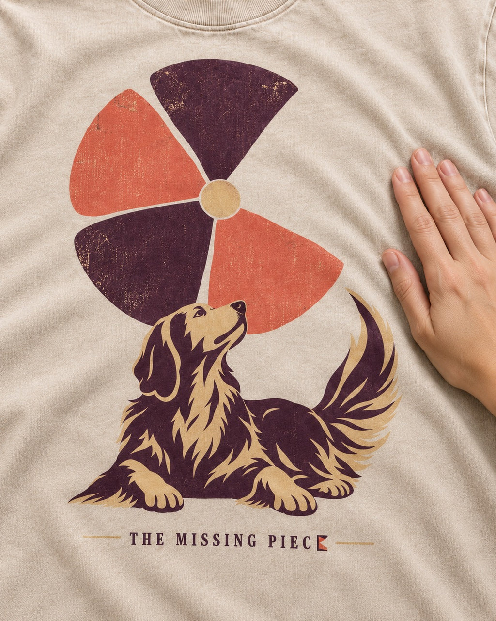 Golden Retriever Is My Missing Piece Washed Tee in Apricot, close-up of the graphic