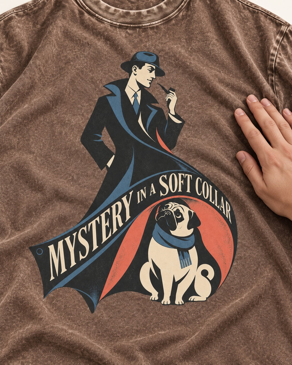 Pug Soft Collar Mystery Washed Tee in Coffee, close-up of the graphic