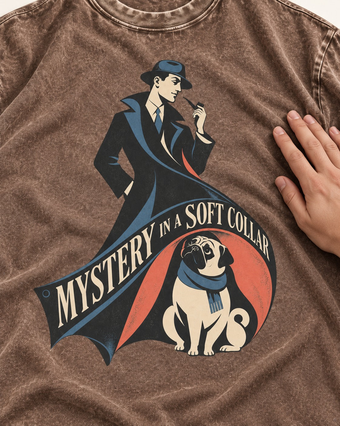 Pug Soft Collar Mystery Washed Tee in Coffee, close-up of the graphic