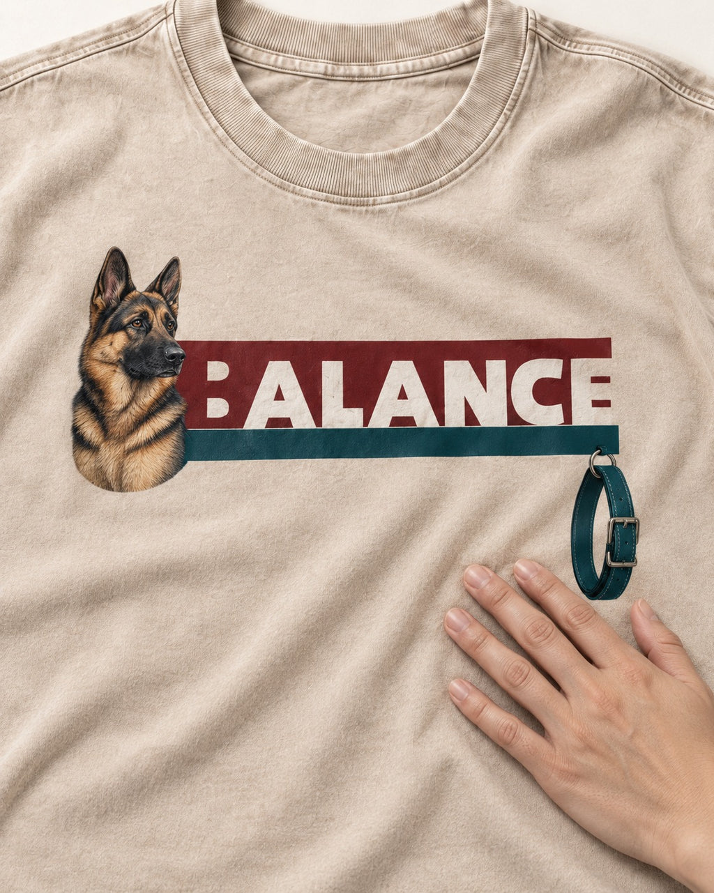 German Shepherd Dog Balance Washed Tee in Apricot, close-up of the graphic