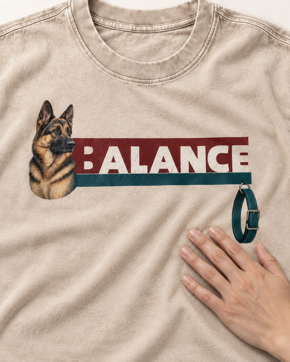 German Shepherd Dog Balance Washed Tee in Apricot, close-up of the graphic